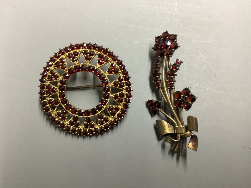 A group of facetted garnet set jewellery, including brooches, pendants and ear studs